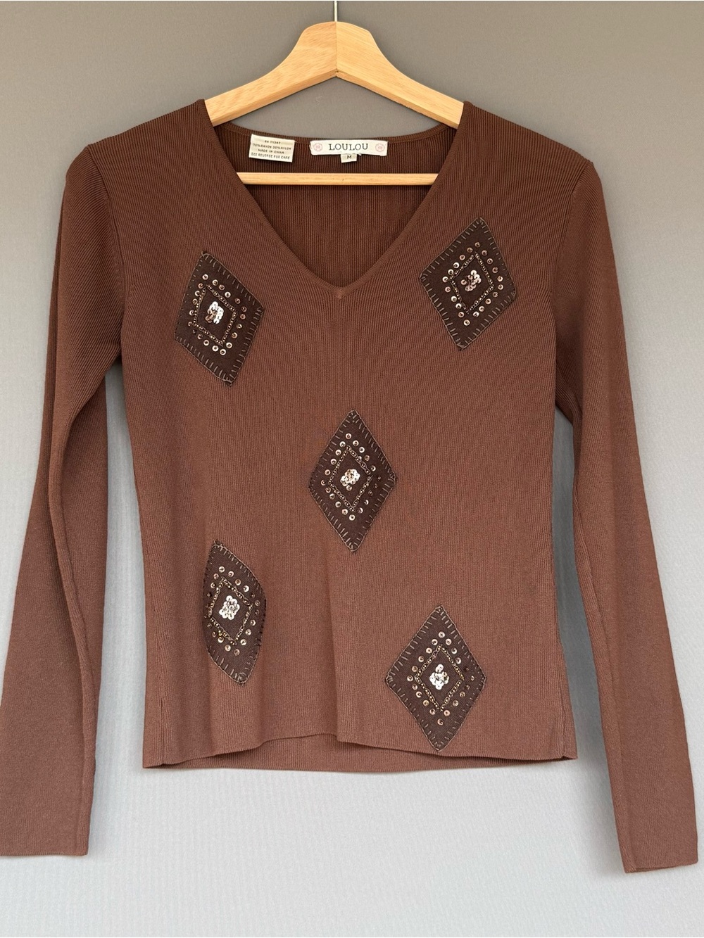 vtg Y2K LouLou Ribbed Knit V-Neck LS Top Western Diamond Chocolate Brown Medium